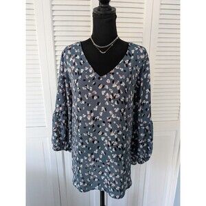 Collective Concepts Top Women's 1X Slate Blue Blush Pink Art Printed Boho Blouse